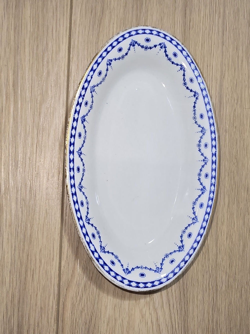 Antique Nippon Blue & White Transferware Oval Dish Small Platter Gilt Trim 8"